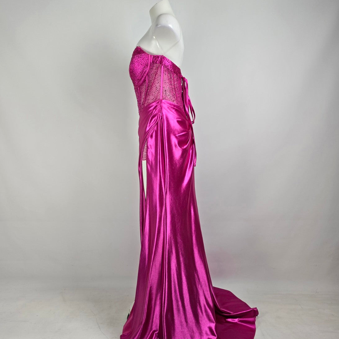 Mori Lee Pink Lace Bodice High Slit Gown Size 14