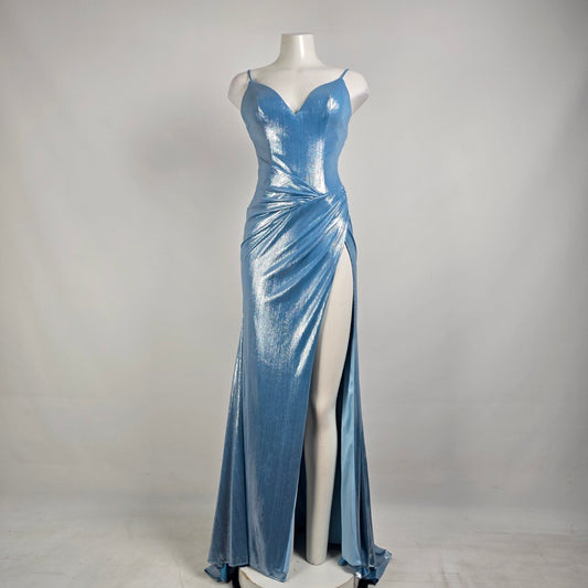 Monsini Blue Metallic High Slit Eventwear Gown Size 2 Style 31942