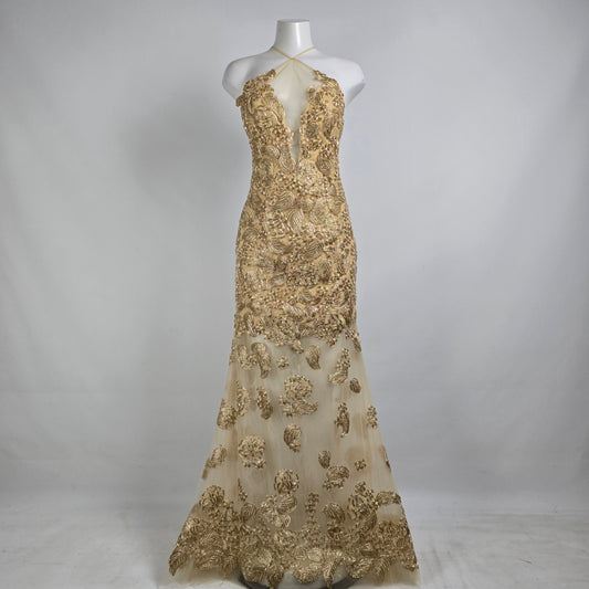 Angela & Alison Gold Embroidered Halter Eventwear Gown Size 12 Style 91084