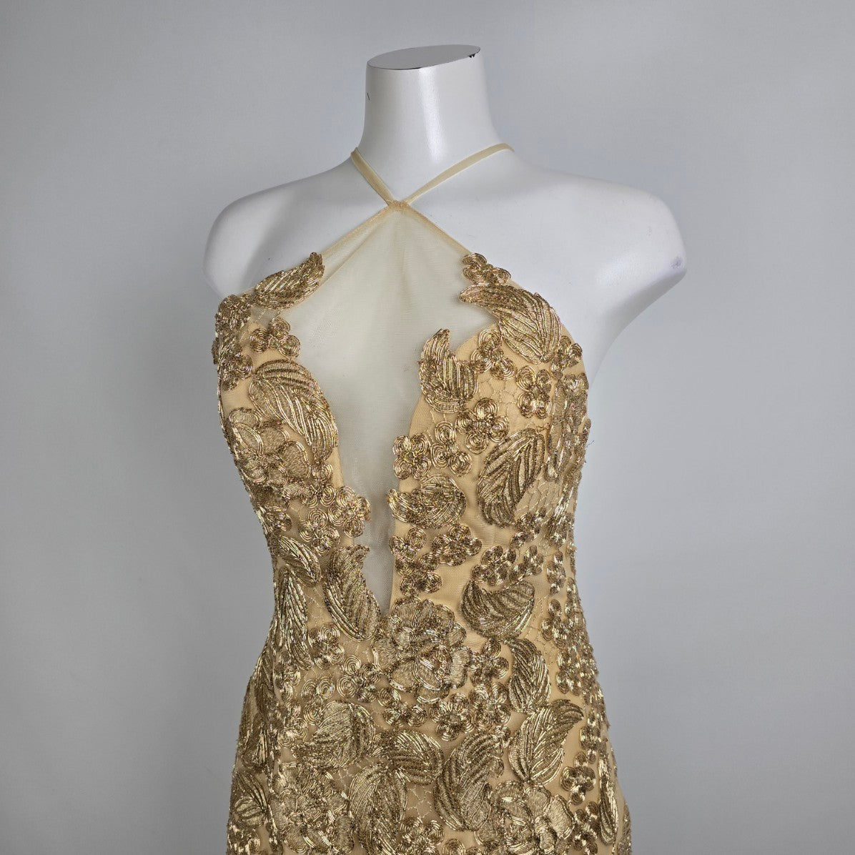 Angela & Alison Gold Embroidered Halter Eventwear Gown Size 12 Style 91084