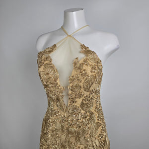 Angela & Alison Gold Embroidered Halter Eventwear Gown Size 12 Style 91084