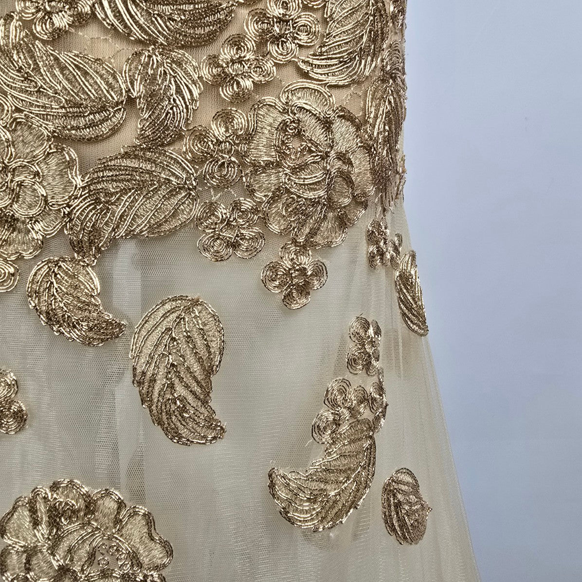 Angela & Alison Gold Embroidered Halter Eventwear Gown Size 12 Style 91084