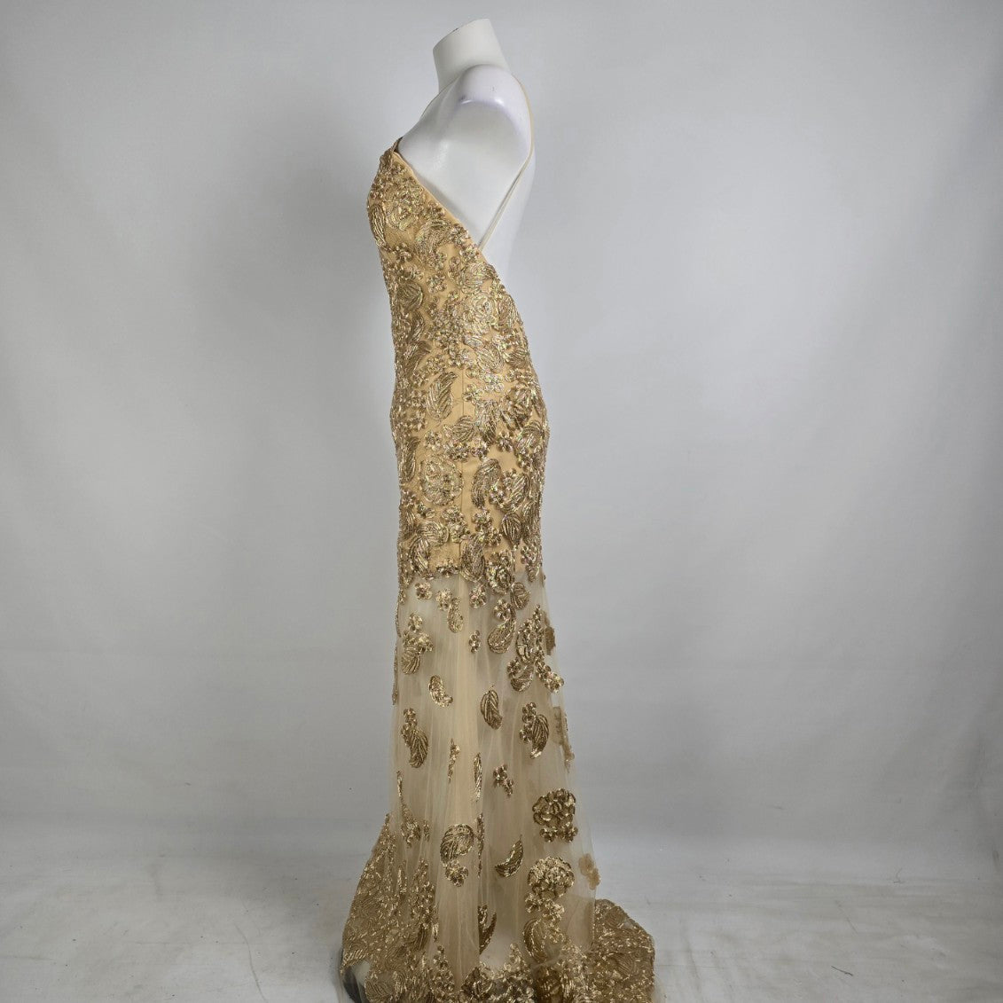 Angela & Alison Gold Embroidered Halter Eventwear Gown Size 12 Style 91084