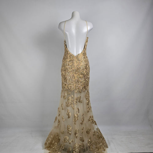 Angela & Alison Gold Embroidered Halter Eventwear Gown Size 12 Style 91084