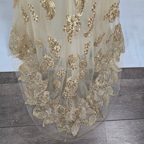 Angela & Alison Gold Embroidered Halter Eventwear Gown Size 12 Style 91084