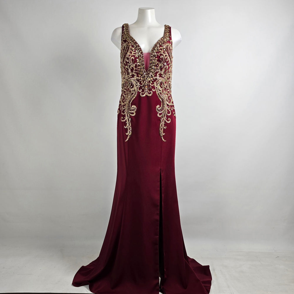 Splash Marsalla & Gold Ebroidered Beaded Eventwear Gown Size 14