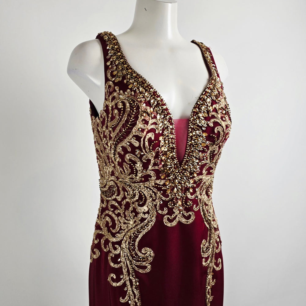 Splash Marsalla & Gold Ebroidered Beaded Eventwear Gown Size 14
