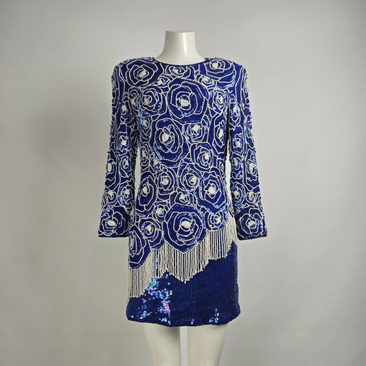 Vintage Scarlet Rage Blue Silk Beaded Mini Dress Size S/M