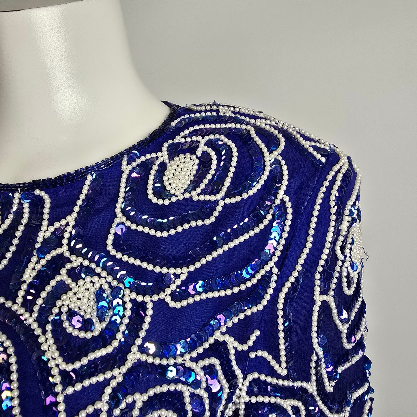 Vintage Scarlet Rage Blue Silk Beaded Mini Dress Size S/M