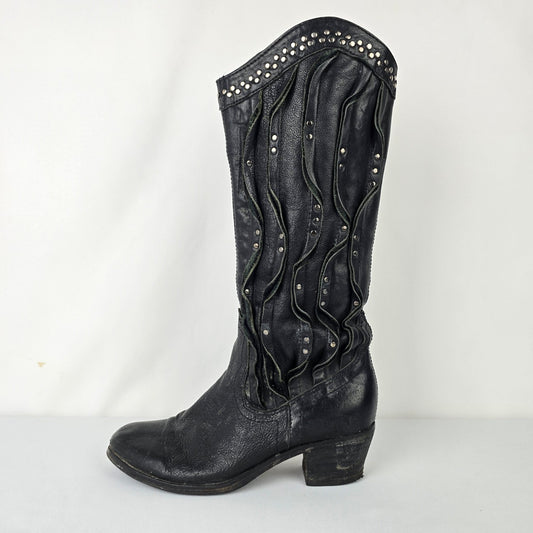 Sheridan Mia Anthropologie Black Leather Studded Cowboy Boots Size 9