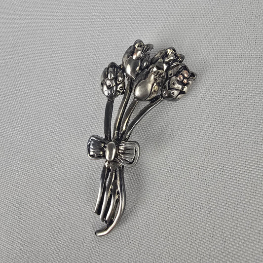 Vintage Rose Bouquet Silver Brooch