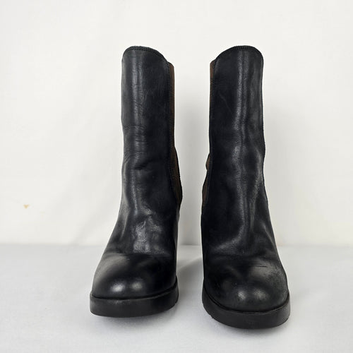 Fly London Black Leather Heeled Ankle Boot Size 8
