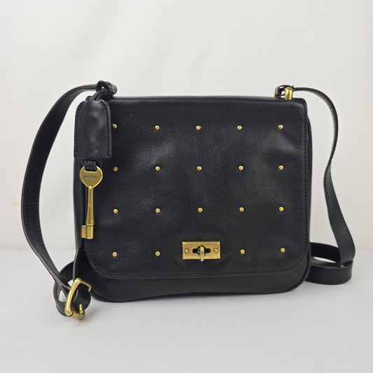Fossil Black & Gold Leather Crossbody Purse