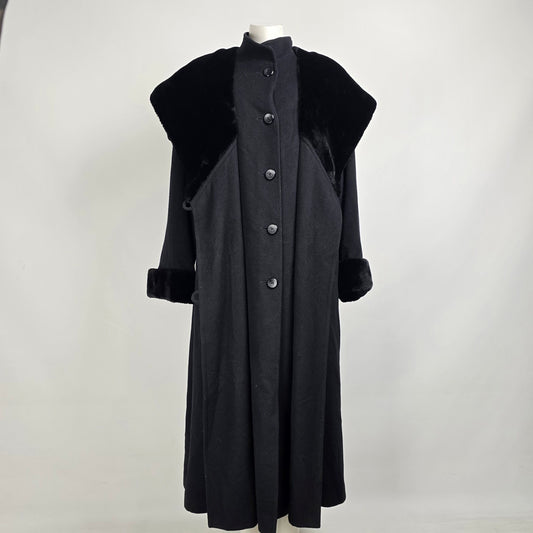 Vintage Black Wool & Cashmere Long Hooded Jacket Size L/XL