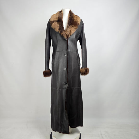 Danier Black Sheepskin Fur Trimmed Long Coat Size XS
