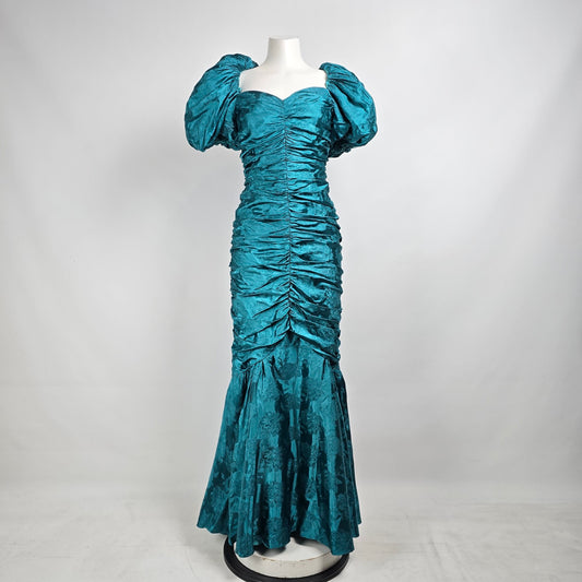 Vintage Party Time Teal Floral Ruched Mermaid Gown Size XS/S