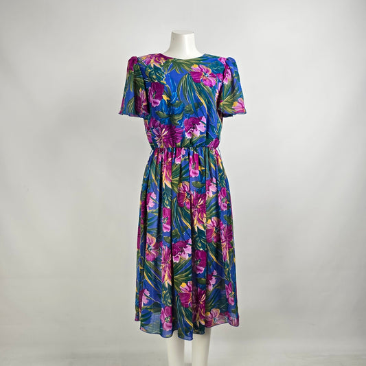 Vintage Orite Blue Floral Fit & Flare Dress Size 9/10
