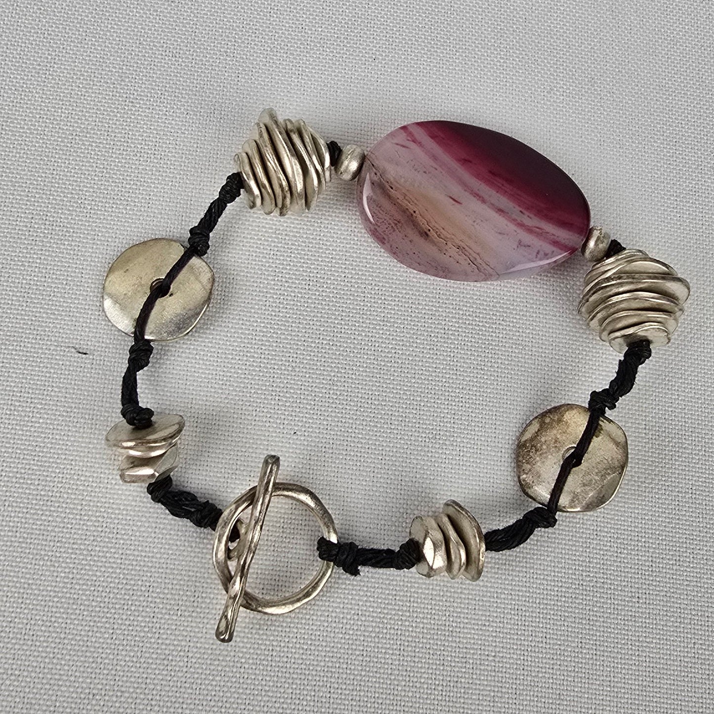 Natural Stone Silver Beaded Toggle Bracelet