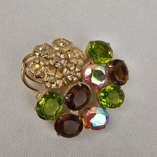 Vintage Gold Tone Green Crystal Glass Brooch