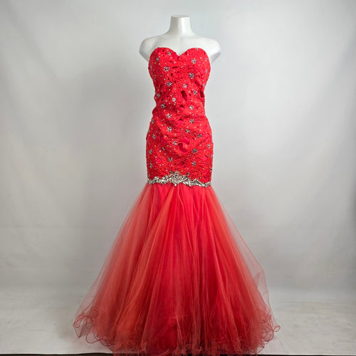 Blush Prom Red Beaded Floral Lace Mermaid Tulle Grad Gown Size 8