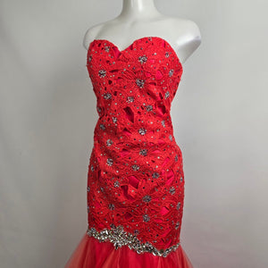 Blush Prom Red Beaded Floral Lace Mermaid Tulle Grad Gown Size 8