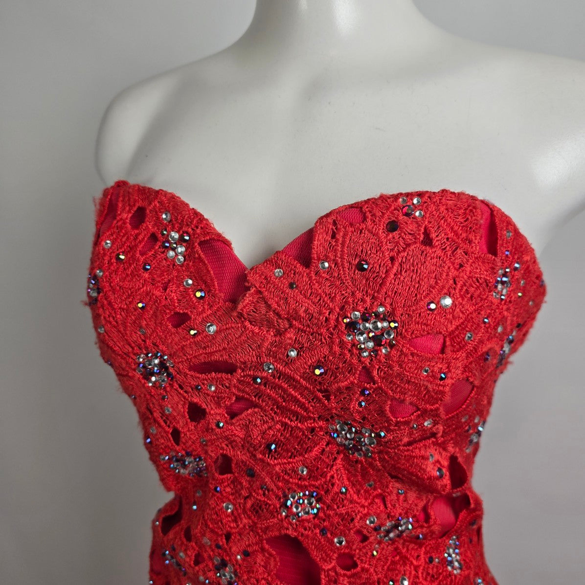 Blush Prom Red Beaded Floral Lace Mermaid Tulle Grad Gown Size 8