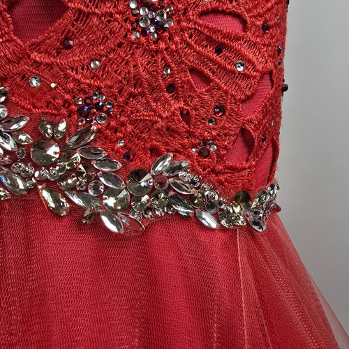 Blush Prom Red Beaded Floral Lace Mermaid Tulle Grad Gown Size 8