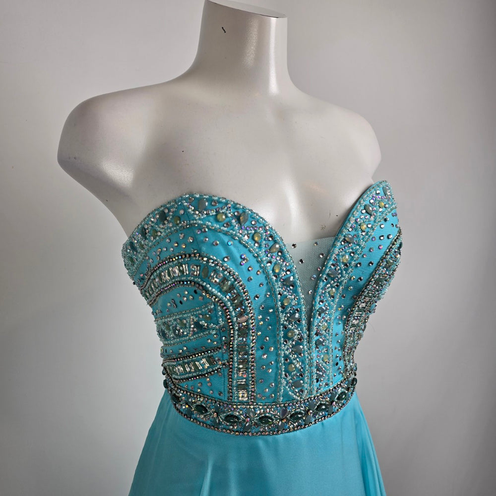 Intrigue Blue Crystal Beaded Top Grad Event Gown Size 12