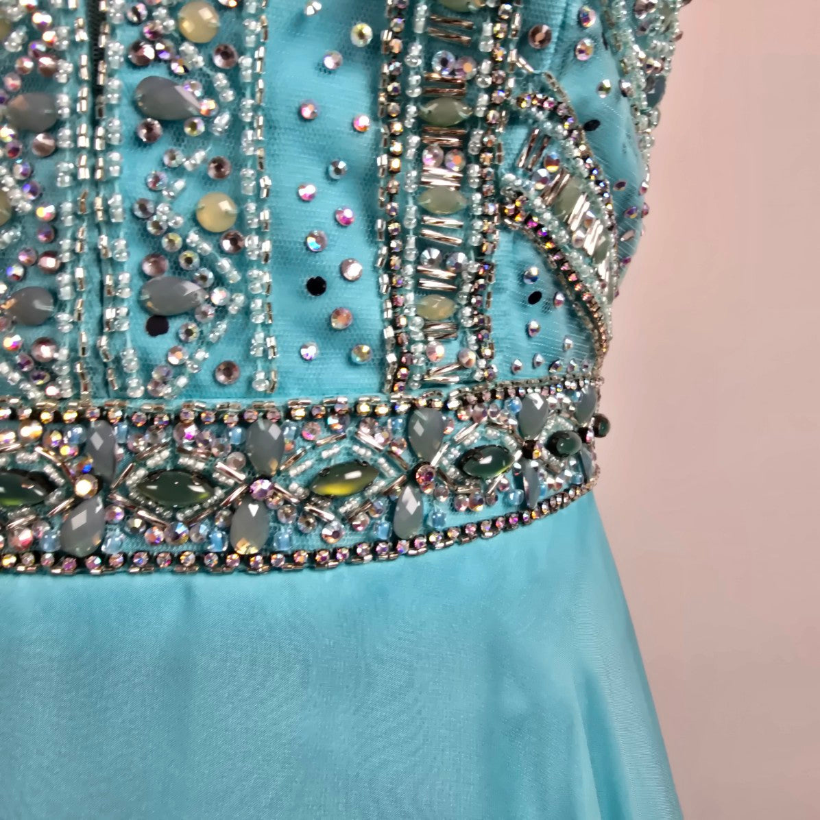 Intrigue Blue Crystal Beaded Top Grad Event Gown Size 12