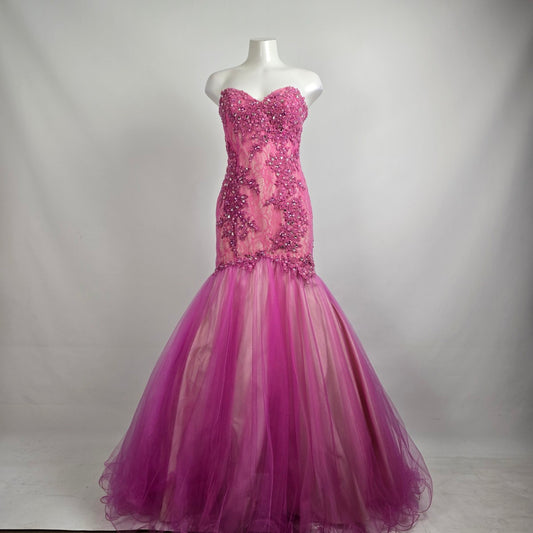 Blush Prom Pink Beaded Floral Lace Mermaid Tulle Grad Gown Size 6
