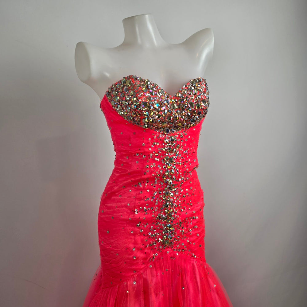 Mori Lee Bright Pink Crystal Bodice Mermaid Tulle Grad Event Gown Size 5/6