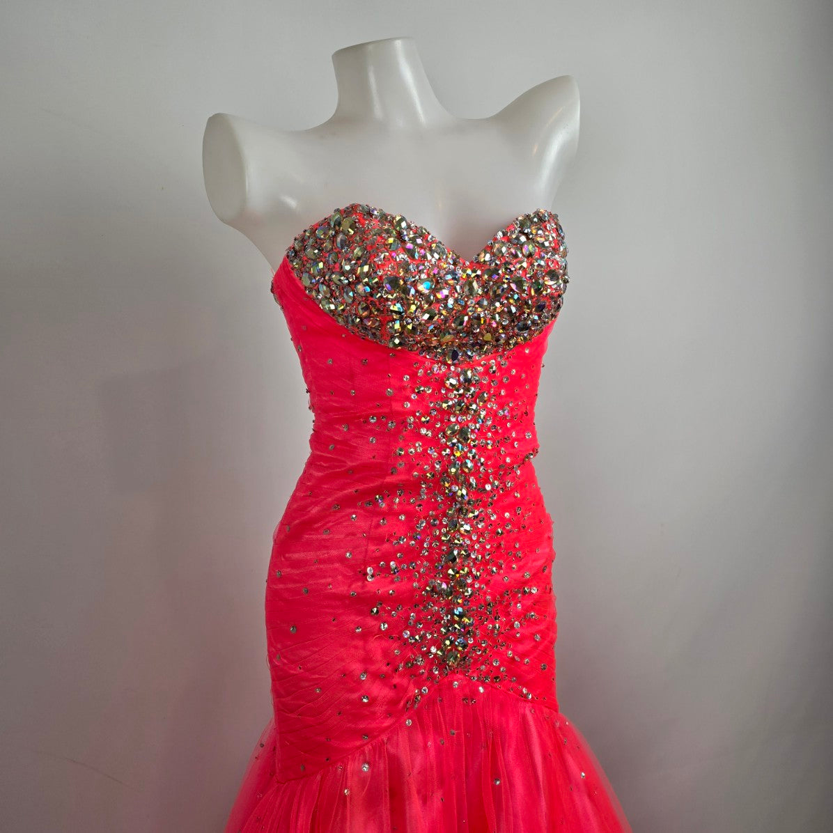 Mori Lee Bright Pink Crystal Bodice Mermaid Tulle Grad Event Gown Size 5/6