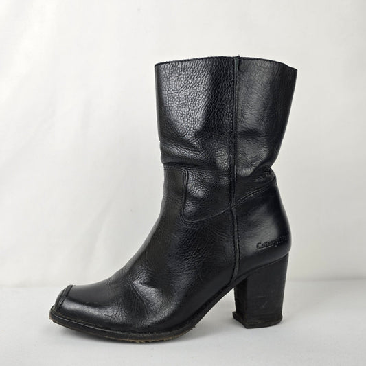 Caterpillar Black Leather Square Toe Heeled Boot Size 6