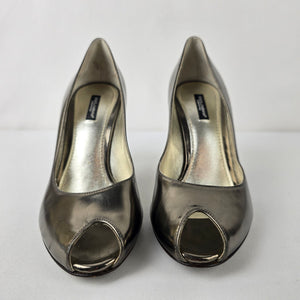 Dolce & Gabbana Italy Pewter Metallic Leather Open Toe Heels Size 7.5