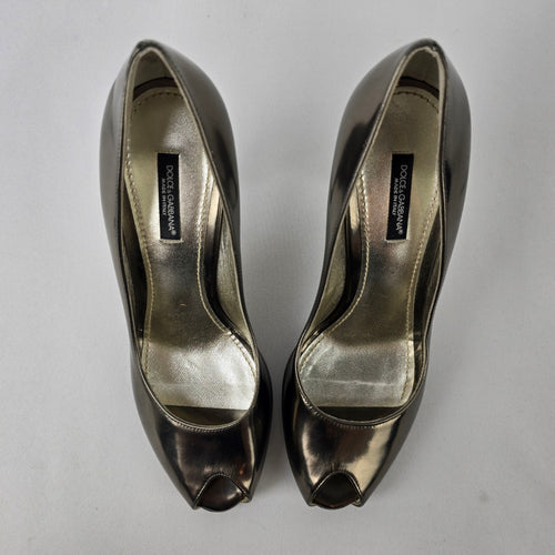 Dolce & Gabbana Italy Pewter Metallic Leather Open Toe Heels Size 7.5