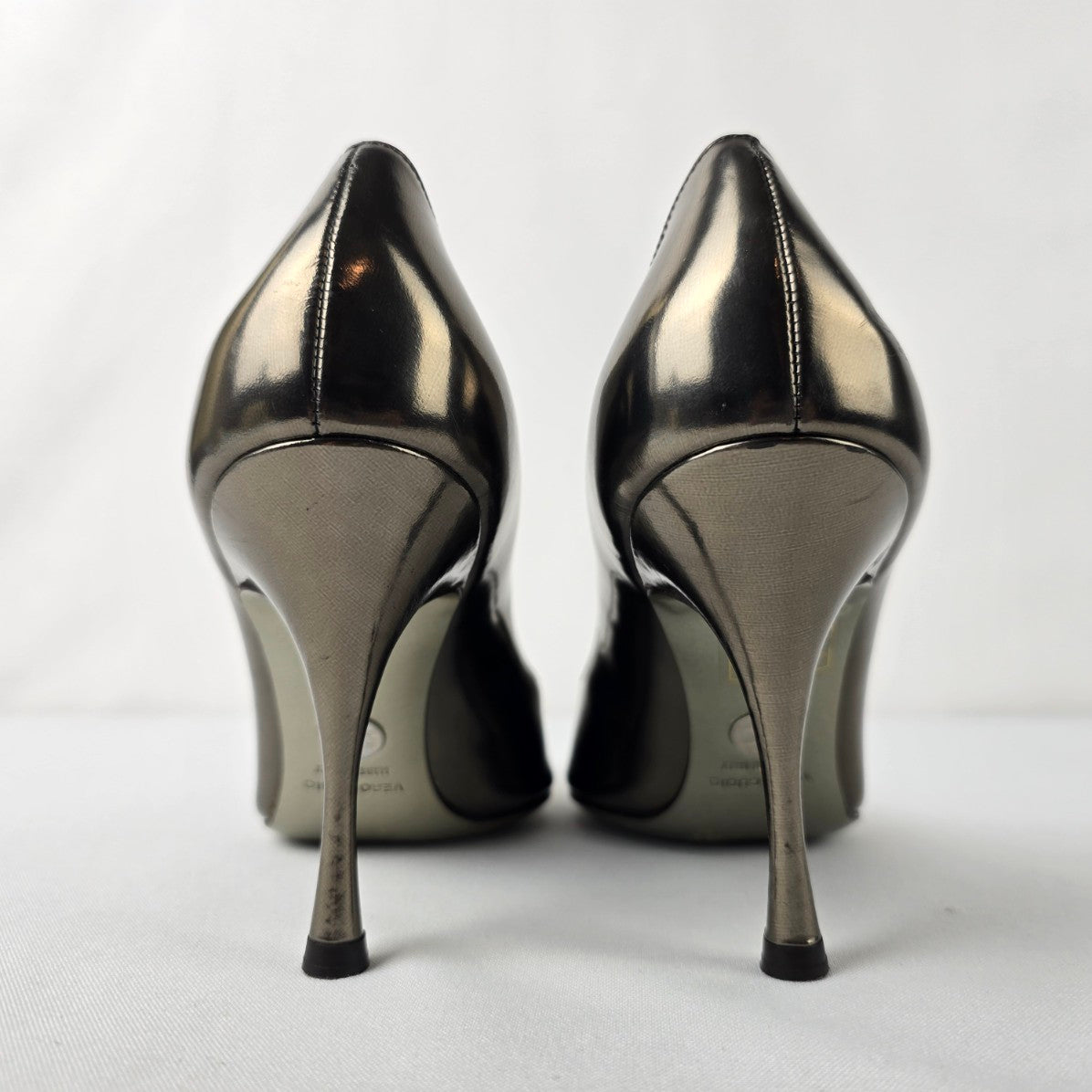 Dolce & Gabbana Italy Pewter Metallic Leather Open Toe Heels Size 7.5