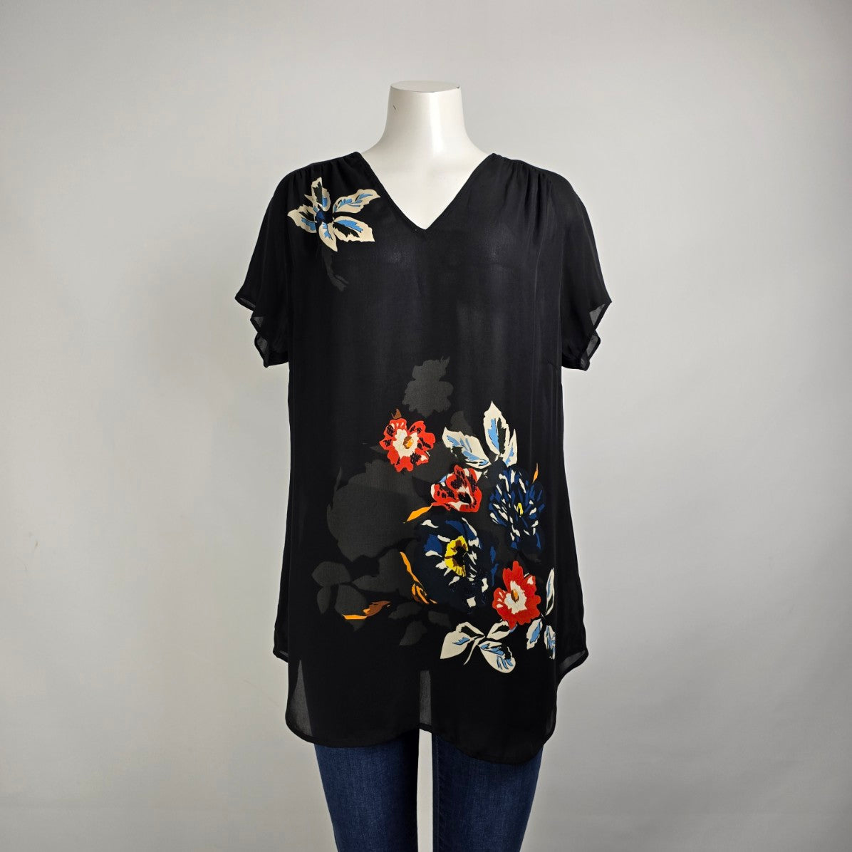 Cabi Fiore Black Floral Print Sheer V-neck Tunic Top Size M