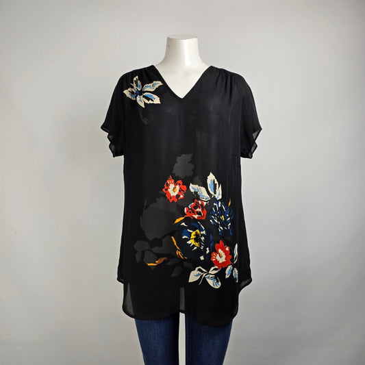 Cabi Fiore Black Floral Print Sheer V-neck Tunic Top Size M