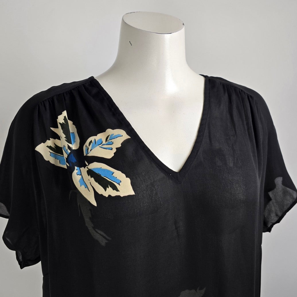 Cabi Fiore Black Floral Print Sheer V-neck Tunic Top Size M