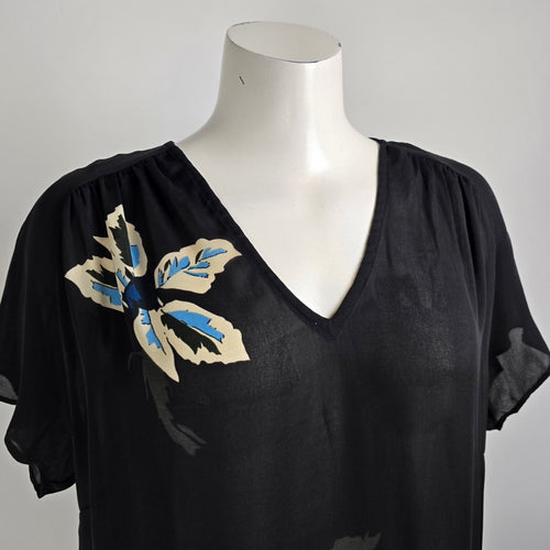 Cabi Fiore Black Floral Print Sheer V-neck Tunic Top Size M