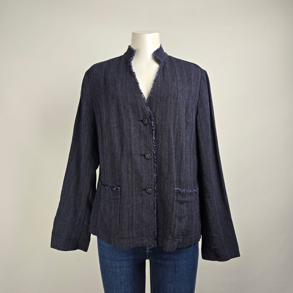 J.Jill Blue Linen Fringe Button Up Blazer Light Jacket Size 16