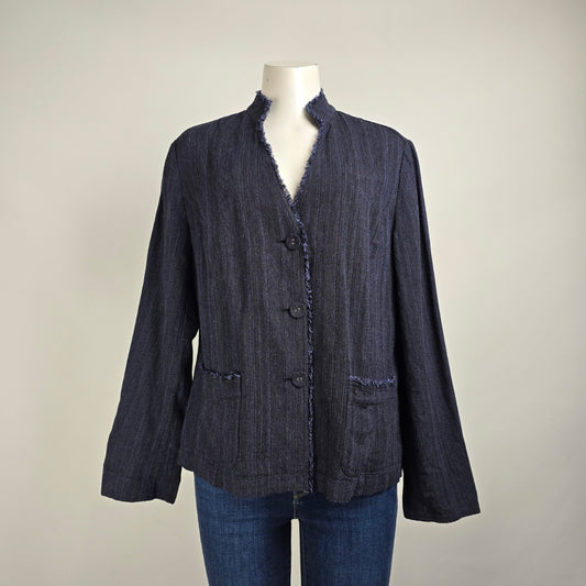 J.Jill Blue Linen Fringe Button Up Blazer Light Jacket Size 16