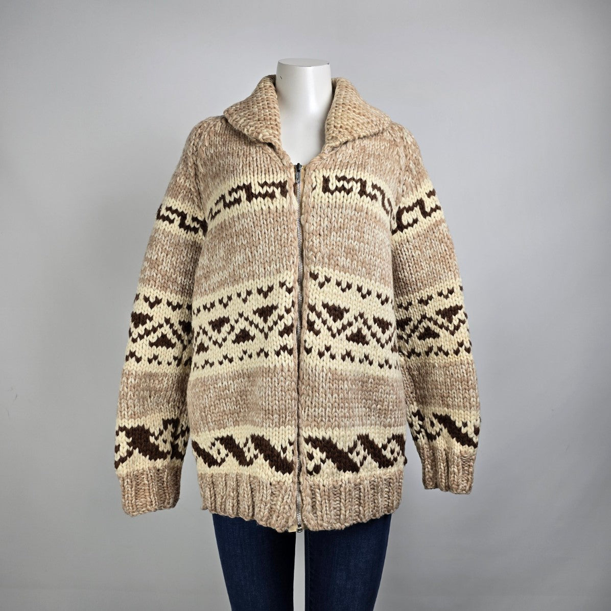 Vintage Brown Cowichan Knit Sweater Jacket Size XL