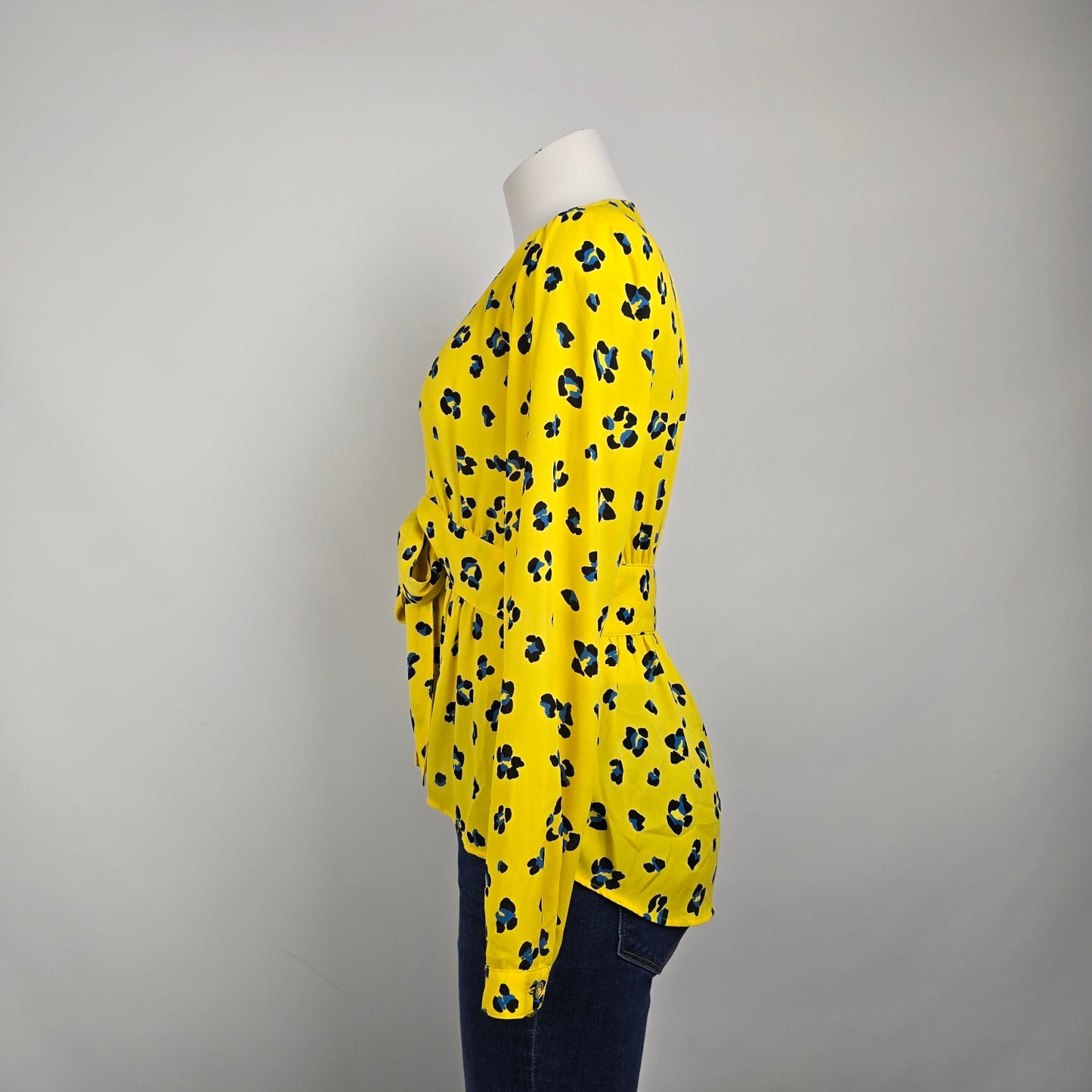 Cabi Sunny Yellow Front Tie Blue Flower Blouse Top Cardigan Size S