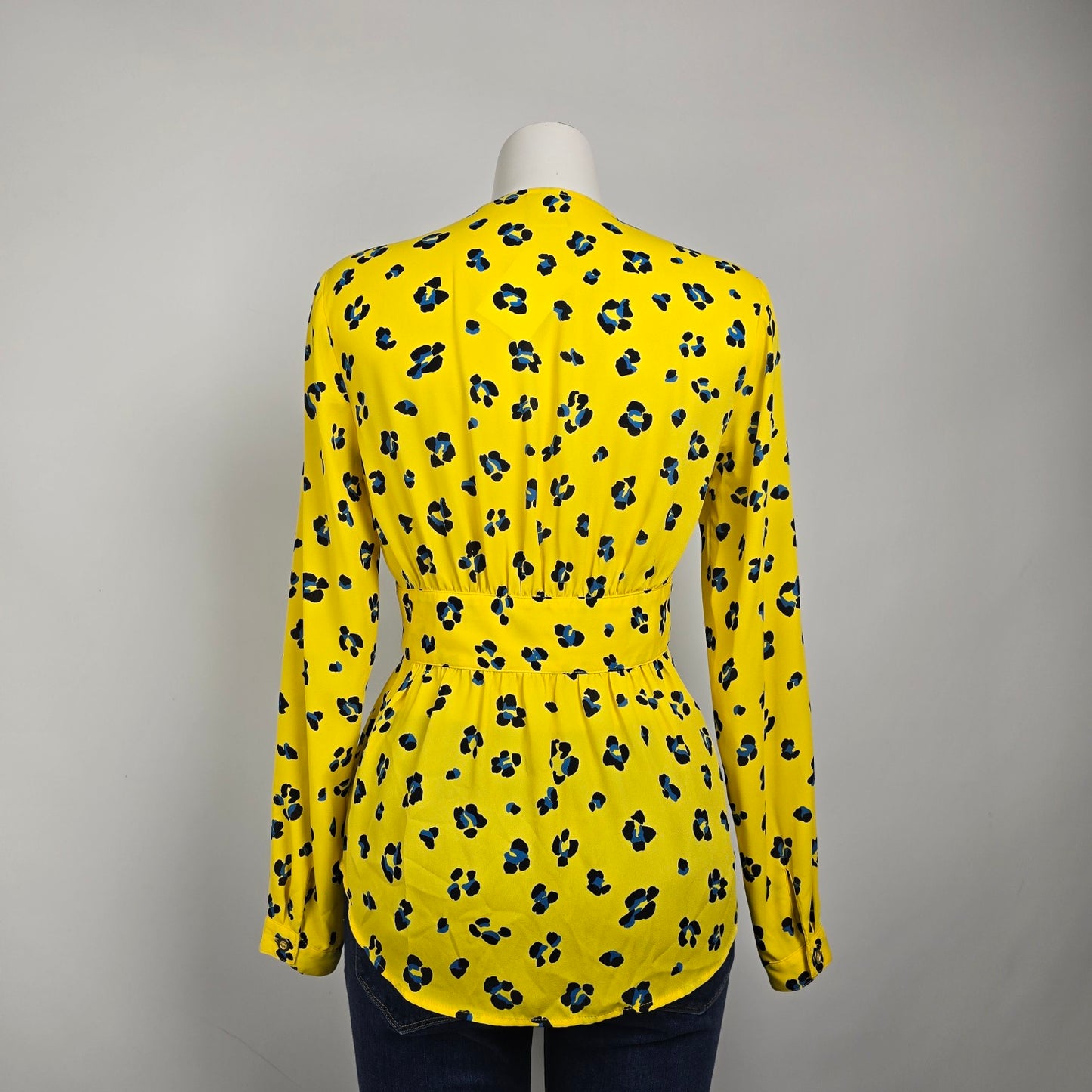 Cabi Sunny Yellow Front Tie Blue Flower Blouse Top Cardigan Size S