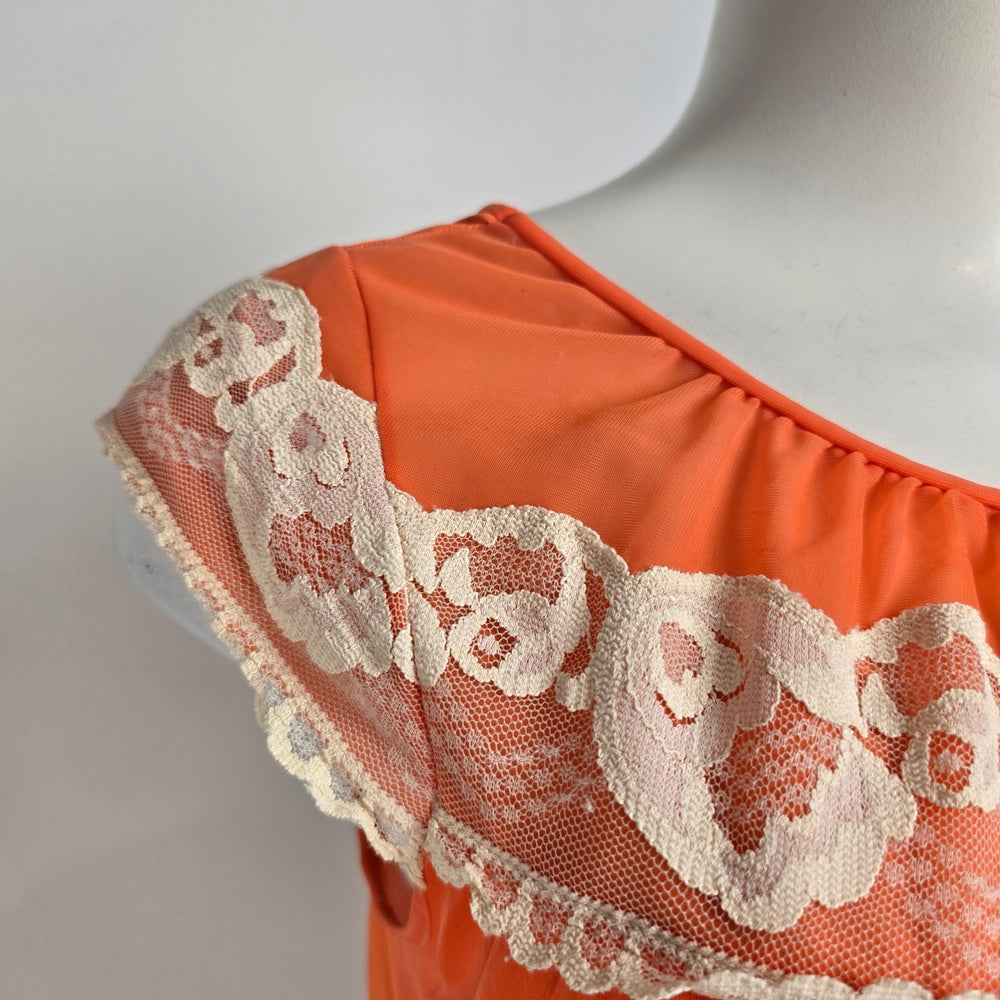 Vintage Model Lingerie Orange Lace Trim Night Gown Dress Size S/M