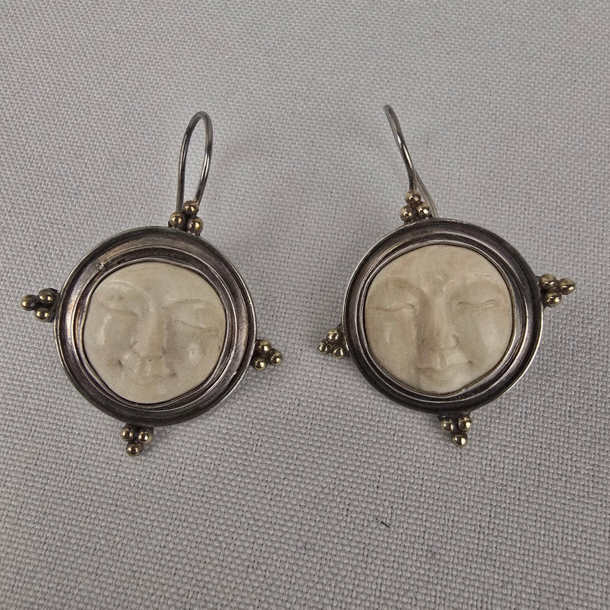 Korite 925 Sterling Silver Mammoth Carved Moon Face Drop Earrings