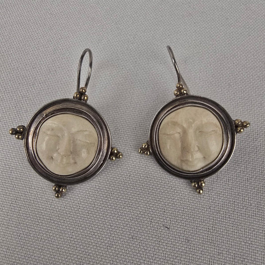 Korite 925 Sterling Silver Mammoth Carved Moon Face Drop Earrings