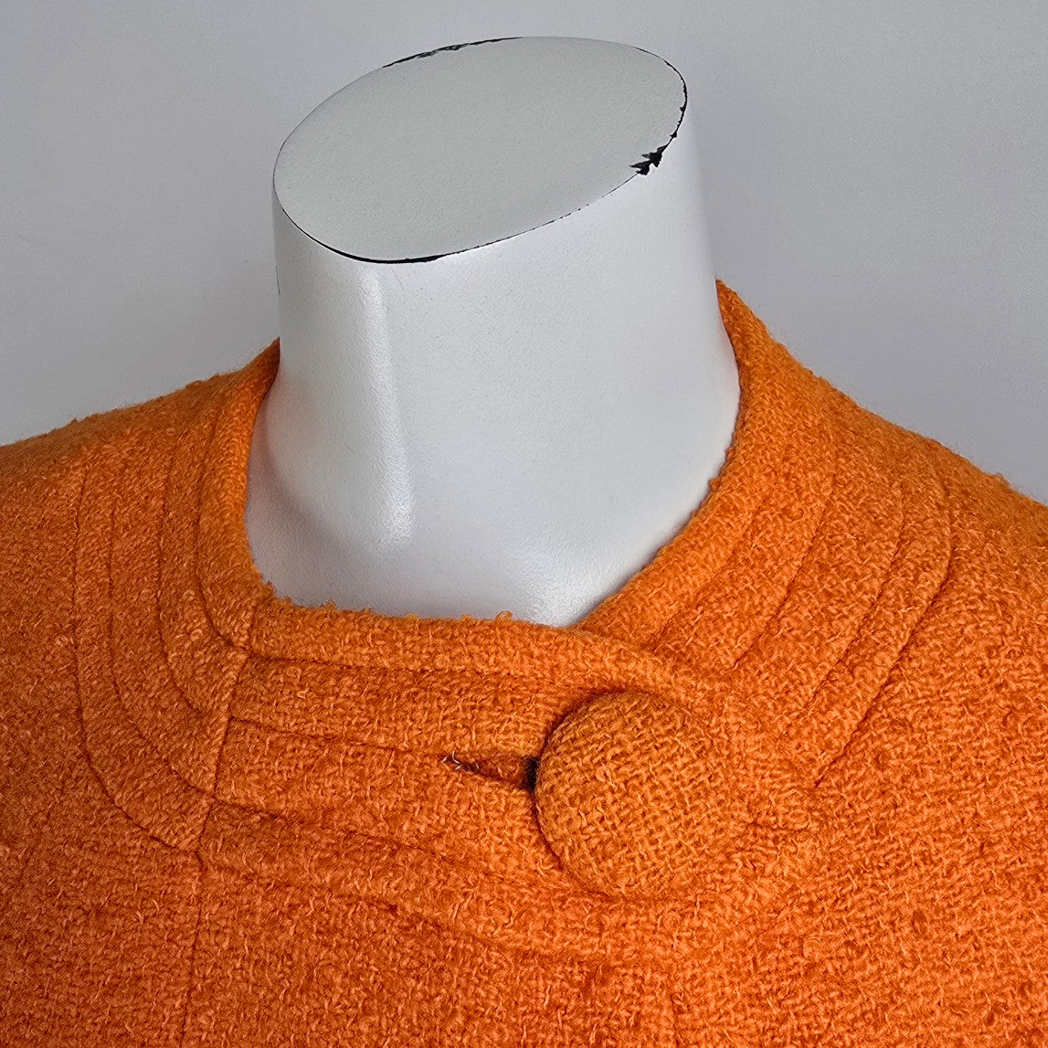 1960s Orange Wool Bouclé Swing Cocoon Button Up Coat Size S/M