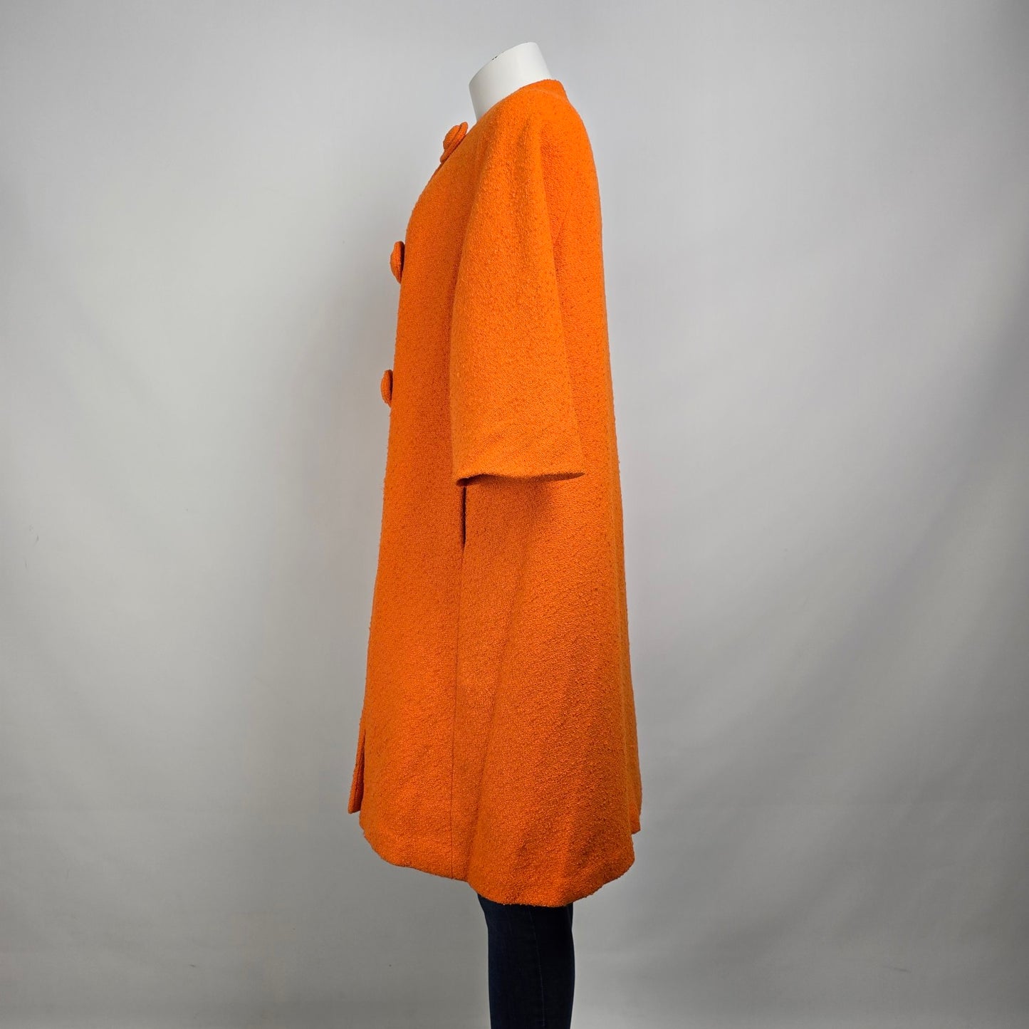 1960s Orange Wool Bouclé Swing Cocoon Button Up Coat Size S/M